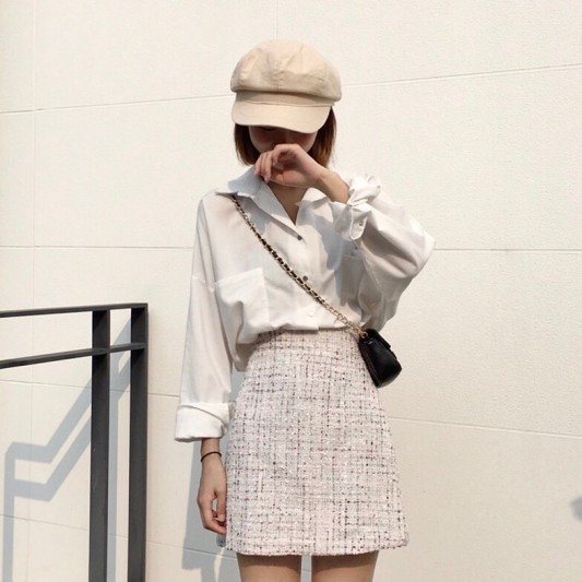 白色小香风高腰A字半身裙